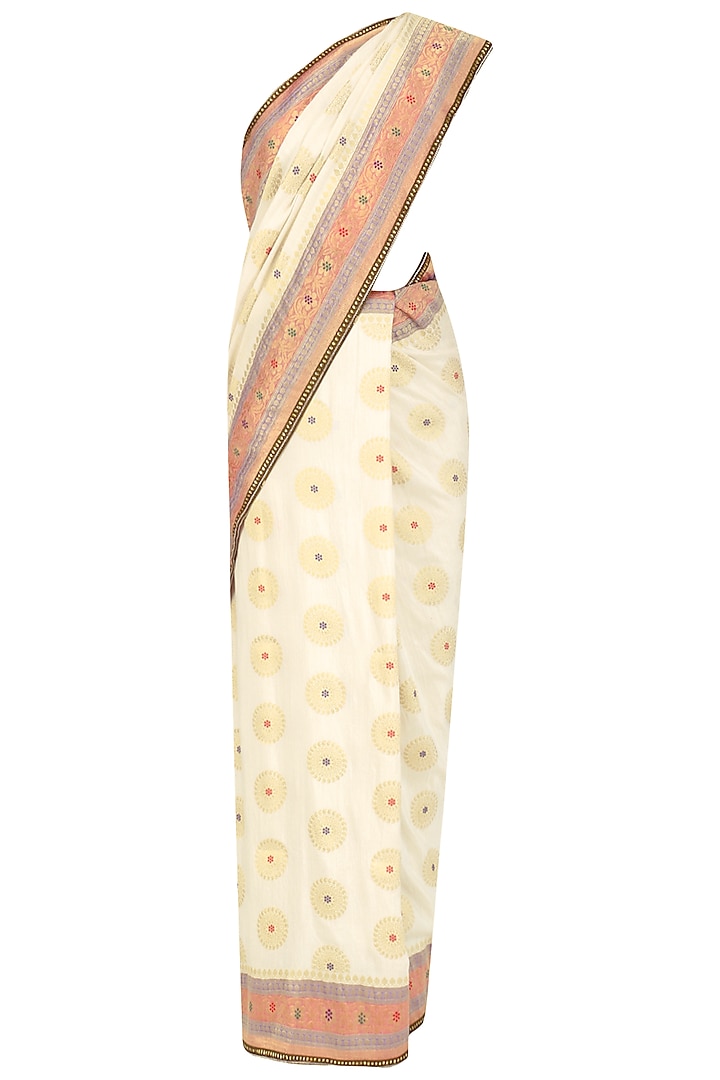 Ivory brocade silk saree available only at Pernia's Pop Up Shop. 2023