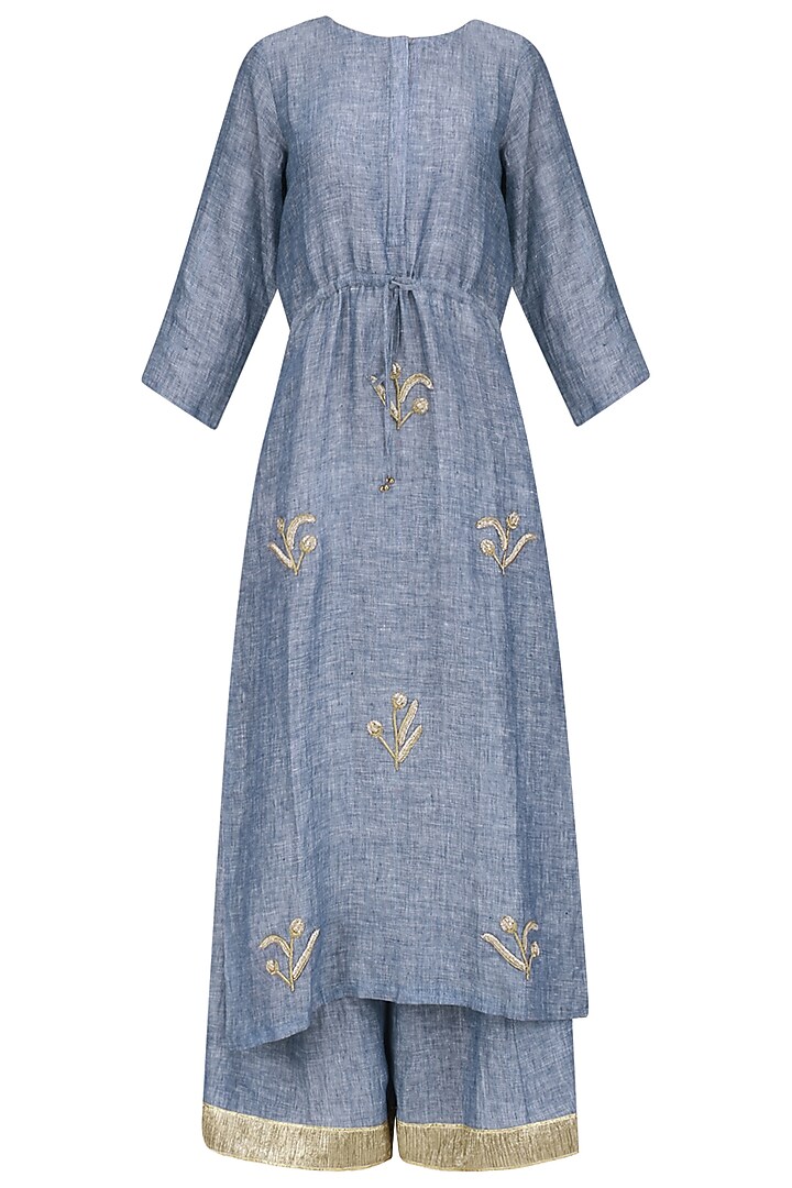 Blue aari work kurta and palazzo pants set available only at Pernia's Pop Up Shop.