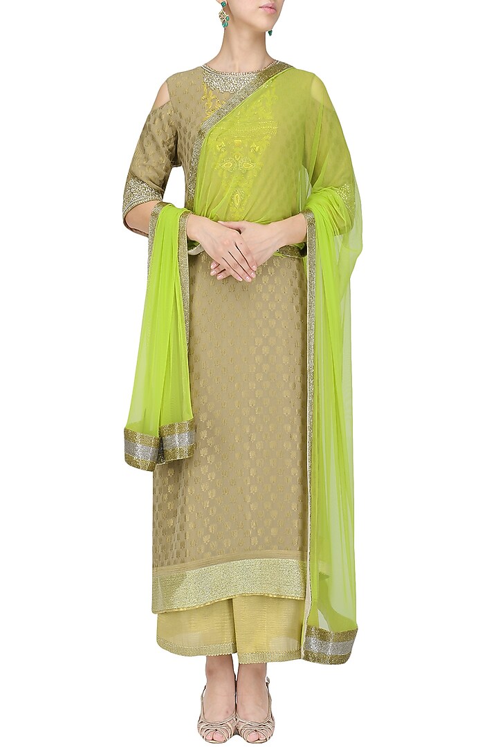 Dark beige cold shoulder kurta and palazzo pants set available only at Pernia's Pop Up Shop.