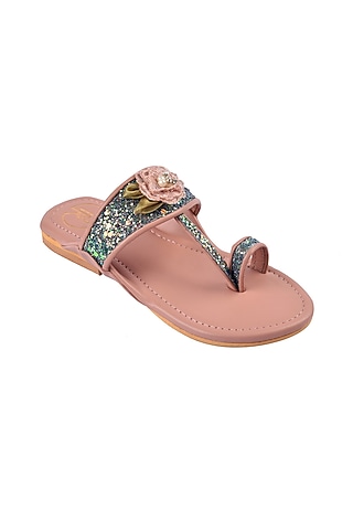 Salmon Pink Hand Embroidered Kolhapuri Flats by Preet Kaur-Kids