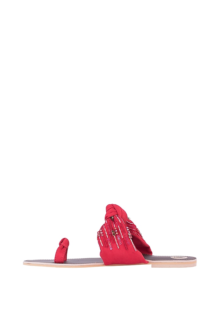 Red Embroidered Knotted Thumb Flats by Preet Kaur