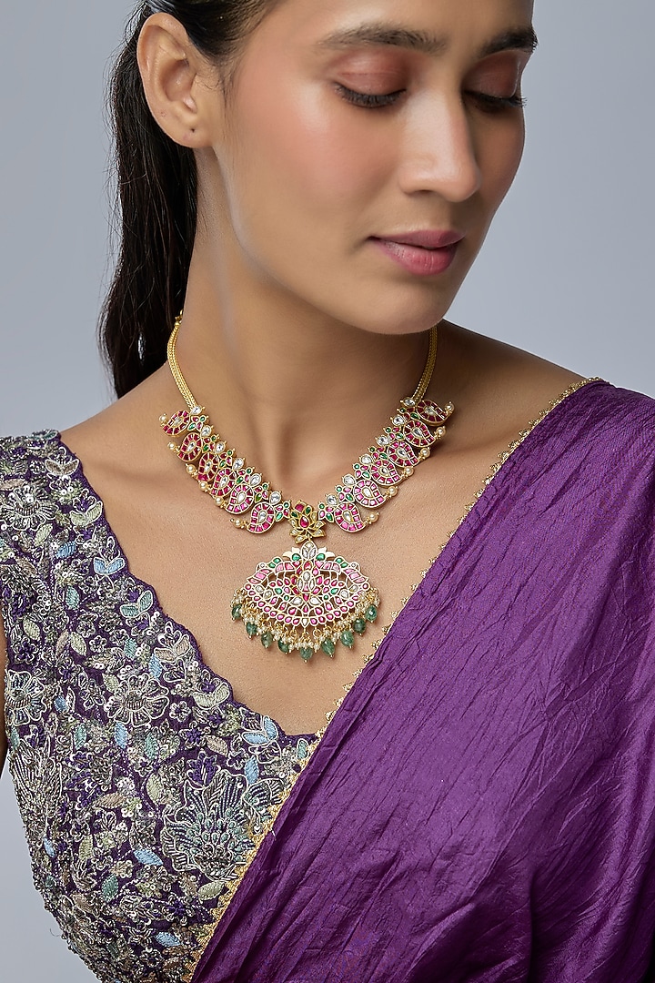 Gold Finish Kundan Polki & Gold Stone Necklace by Preeti Mohan at Pernia's Pop Up Shop