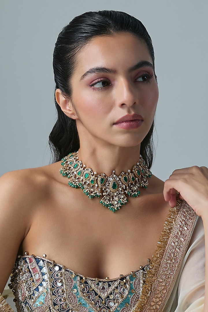 Gold Finish Emerald Stone Necklace In Sterling Silver by Preeti Mohan Silver at Pernia's Pop Up Shop