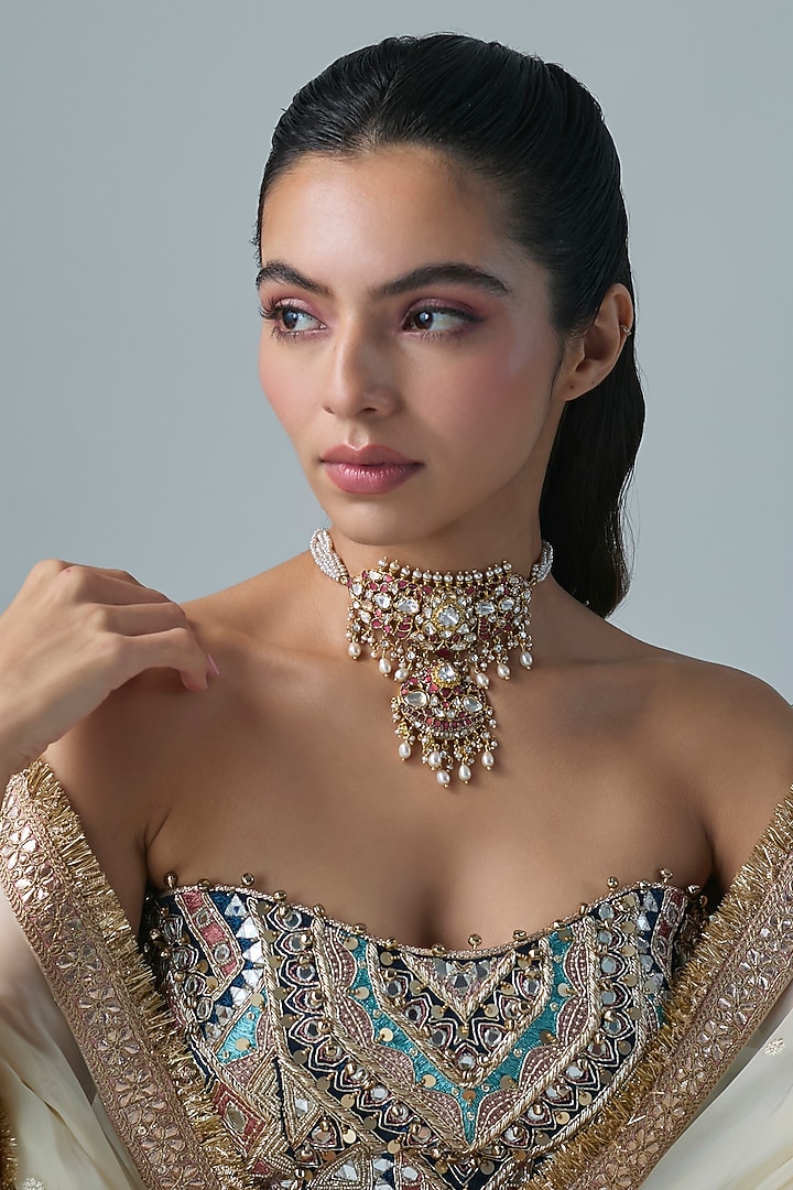 Gold Finish Kundan Polki Choker Necklace In Sterling Silver by Preeti Mohan Silver at Pernia's Pop Up Shop