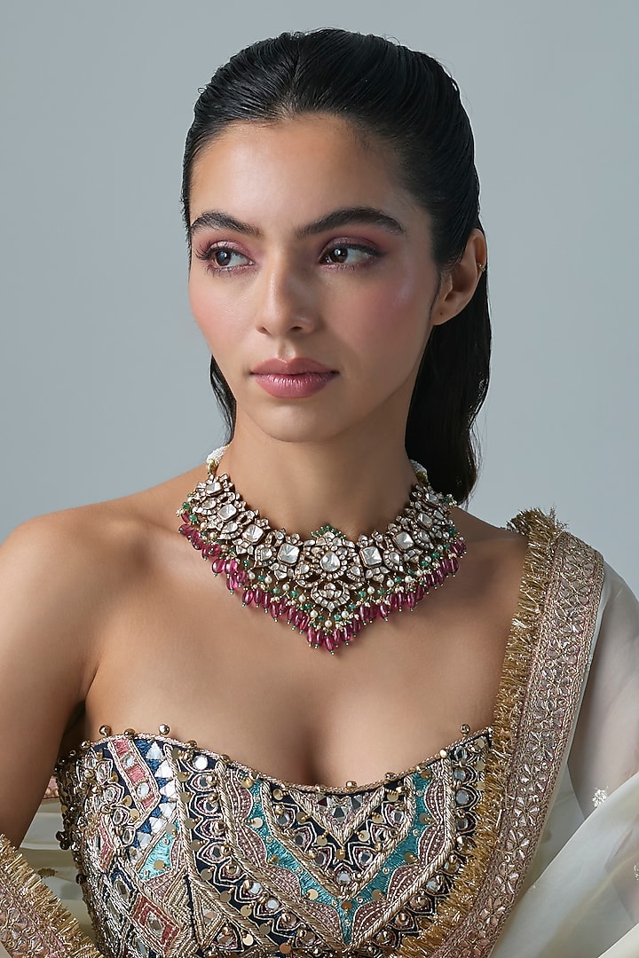 Gold Finish Kundan Polki & Multi-Colored Stone Necklace In Sterling Silver by Preeti Mohan Silver at Pernia's Pop Up Shop