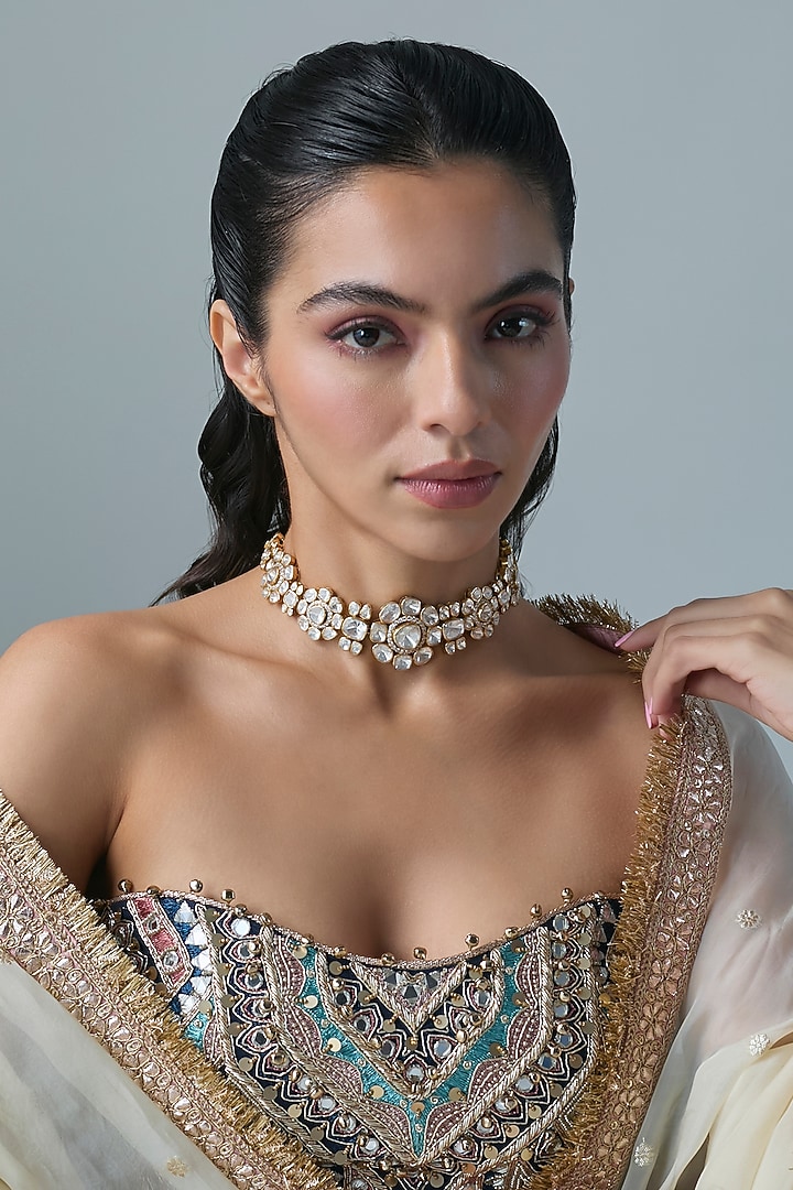 Gold Finish Kundan Polki Choker Necklace In Sterling Silver by Preeti Mohan Silver at Pernia's Pop Up Shop