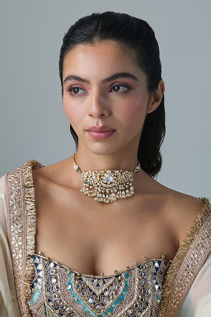 Gold Finish Kundan Polki Choker Necklace In Sterling Silver by Preeti Mohan Silver at Pernia's Pop Up Shop