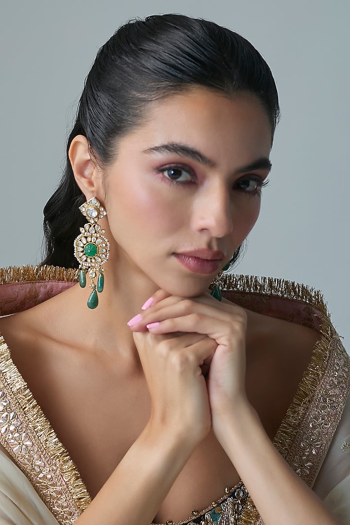 Gold Finish Kundan Polki & Emerald Stone Dangler Earrings In Sterling Silver by Preeti Mohan Silver at Pernia's Pop Up Shop