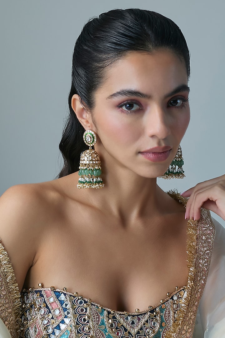 Gold Finish Kundan Polki & Green Stone Dangler Earrings In Sterling Silver by Preeti Mohan Silver at Pernia's Pop Up Shop