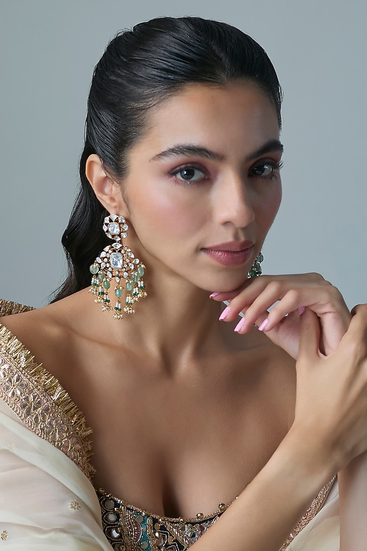 Gold Finish Kundan Polki & Green Stone Dangler Earrings In Sterling Silver by Preeti Mohan Silver at Pernia's Pop Up Shop