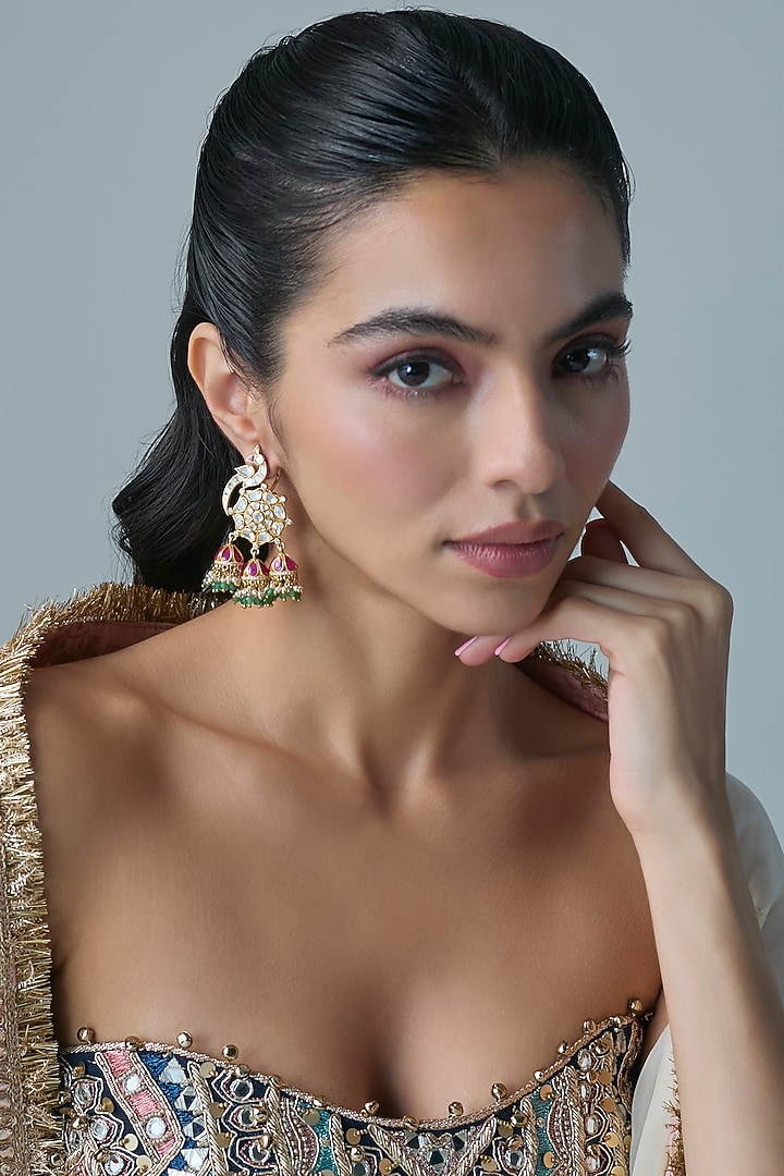 Gold Finish Kundan Polki & Multi-Colored Stone Dangler Earrings In Sterling Silver by Preeti Mohan Silver at Pernia's Pop Up Shop