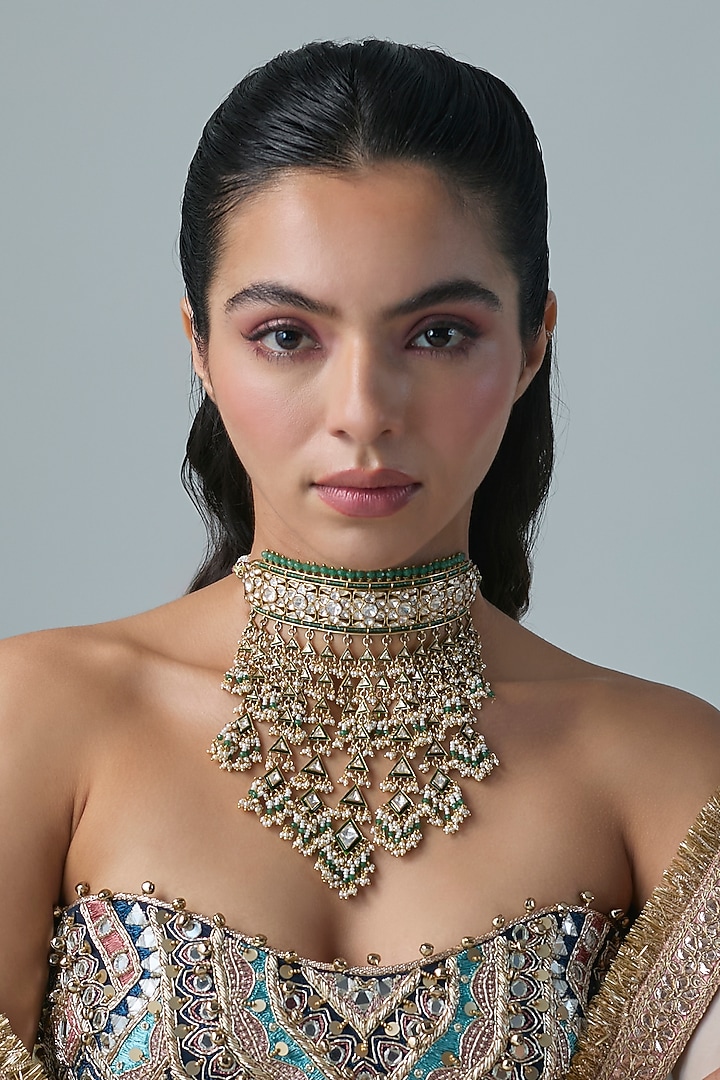 Gold Finish Kundan Polki & Emerald Stone Choker Necklace In Sterling Silver by Preeti Mohan Silver at Pernia's Pop Up Shop