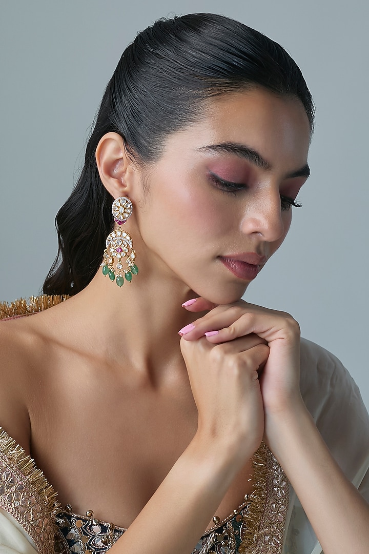 Gold Finish Kundan Polki & Multi-Colored Stone Dangler Earrings In Sterling Silver by Preeti Mohan Silver at Pernia's Pop Up Shop