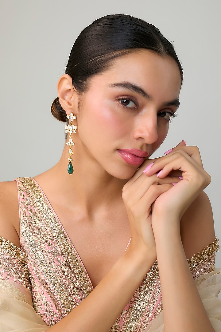 Gold Finish Kundan Polki & Green Stone Dangler Earrings In Sterling Silver by Preeti Mohan Silver at Pernia's Pop Up Shop