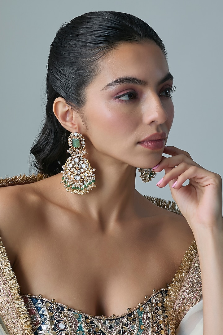 Gold Finish Kundan Polki & Green Stone Dangler Earrings In Sterling Silver by Preeti Mohan Silver at Pernia's Pop Up Shop