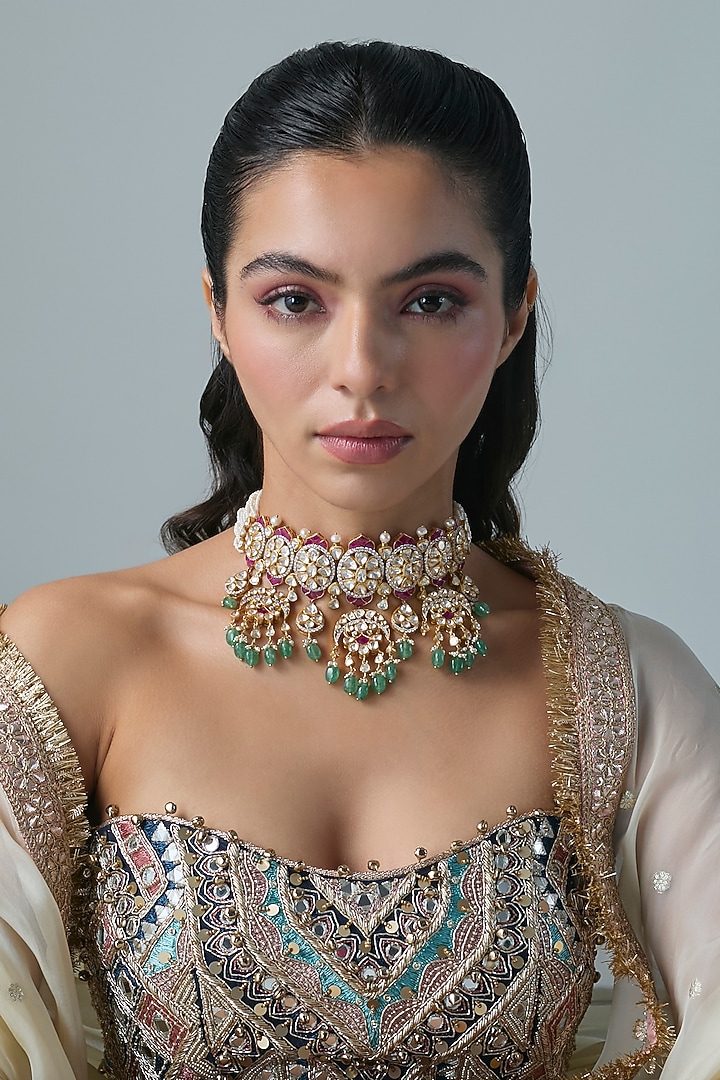 Gold Finish Kundan Polki & Multi-Colored Stone Choker Necklace In Sterling Silver by Preeti Mohan Silver at Pernia's Pop Up Shop