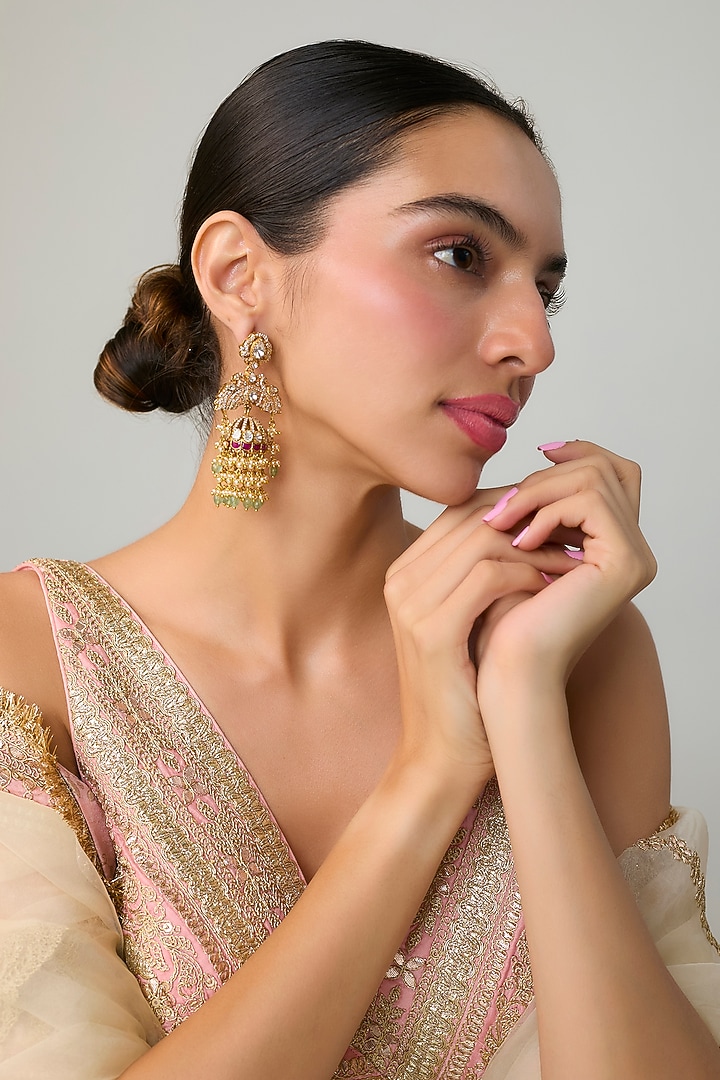 Gold Finish Kundan Polki & Multi-Colored Stone Dangler Earrings In Sterling Silver by Preeti Mohan Silver at Pernia's Pop Up Shop