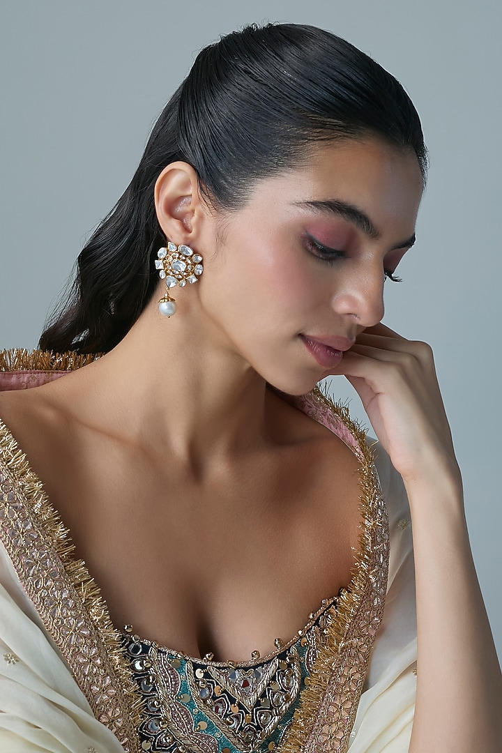 Gold Finish Kundan Polki & Pearl Dangler Earrings In Sterling Silver by Preeti Mohan Silver at Pernia's Pop Up Shop