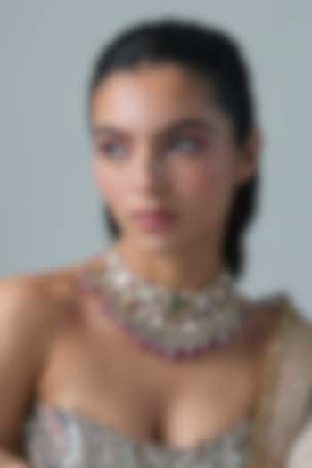 Gold Finish Kundan Polki & Multi-Colored Stone Choker Necklace In Sterling Silver by Preeti Mohan Silver at Pernia's Pop Up Shop