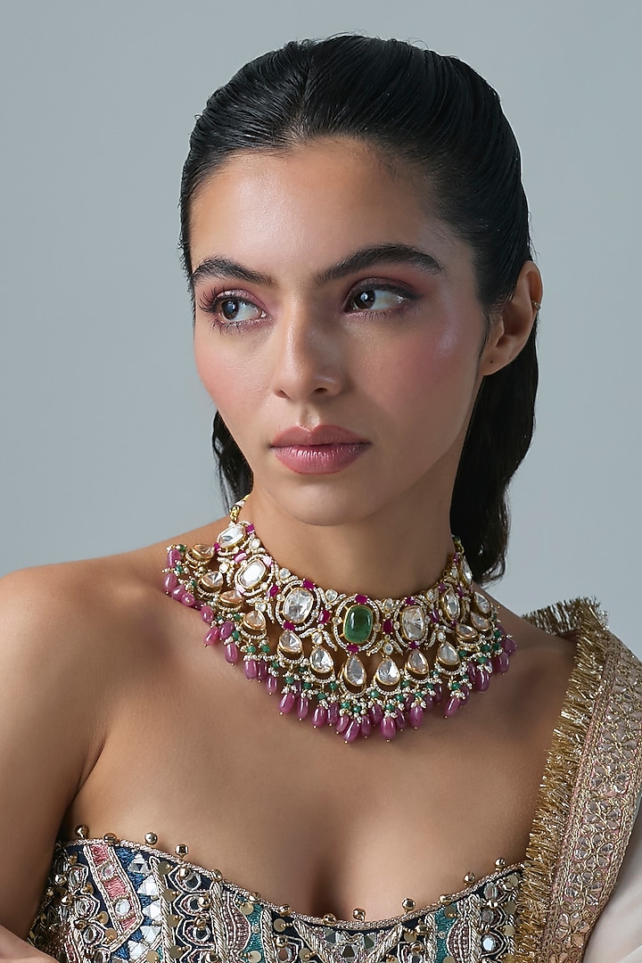 Gold Finish Kundan Polki & Multi-Colored Stone Choker Necklace In Sterling Silver by Preeti Mohan Silver at Pernia's Pop Up Shop