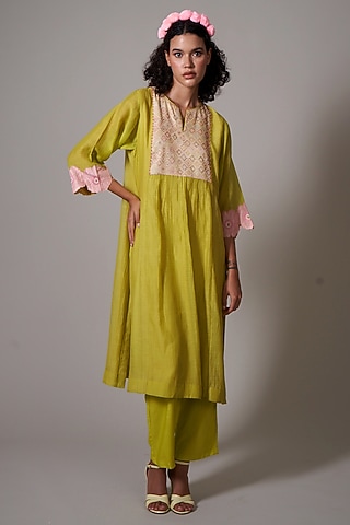 Lime Mul Cotton Silk Printed & Beads Embroidered Hand Woven Kurta Set by Priti Prashant