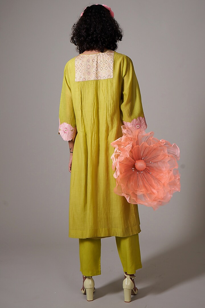 Lime Mul Cotton Silk Printed & Beads Embroidered Hand Woven Kurta Set by Priti Prashant at Pernia's Pop Up Shop