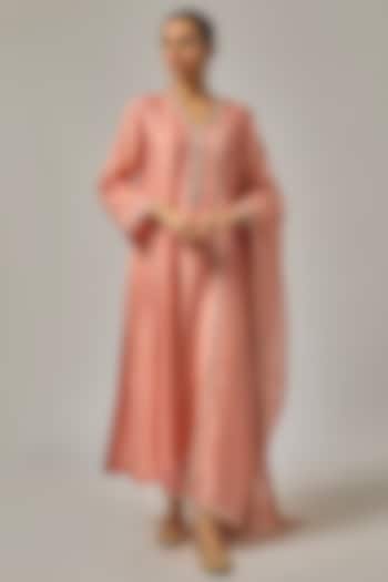 Peach Chanderi Zardosi Embroidered A-Line Kurta Set by Priyal Prakash at Pernia's Pop Up Shop