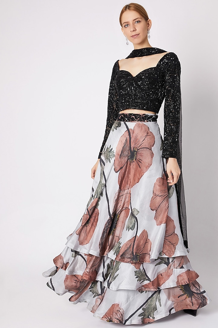 Black Embellished Layered Lehenga Set Design by Prints By Radhika at