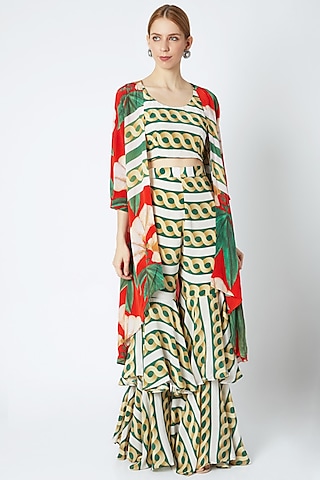 Red Cape With Crop Top & Gharara by Prints By Radhika