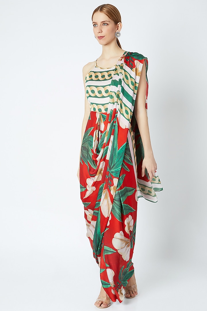 Red Draped Saree Gown by Prints By Radhika