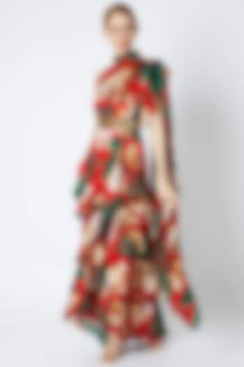 Red Pre-Stitched Wedding Saree Set by Prints By Radhika at Pernia's Pop Up Shop