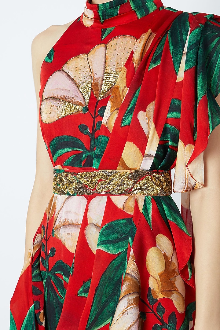 Red PreStitched Saree Set Design by Prints By Radhika at Pernia's Pop