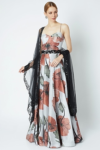 Beige Printed Dress With Embellished Dupatta & Belt by Prints By Radhika