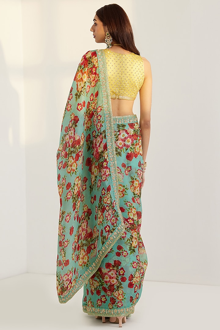 Green Printed & Embroidered Wedding Saree Set by Prints By Radhika at Pernia's Pop Up Shop