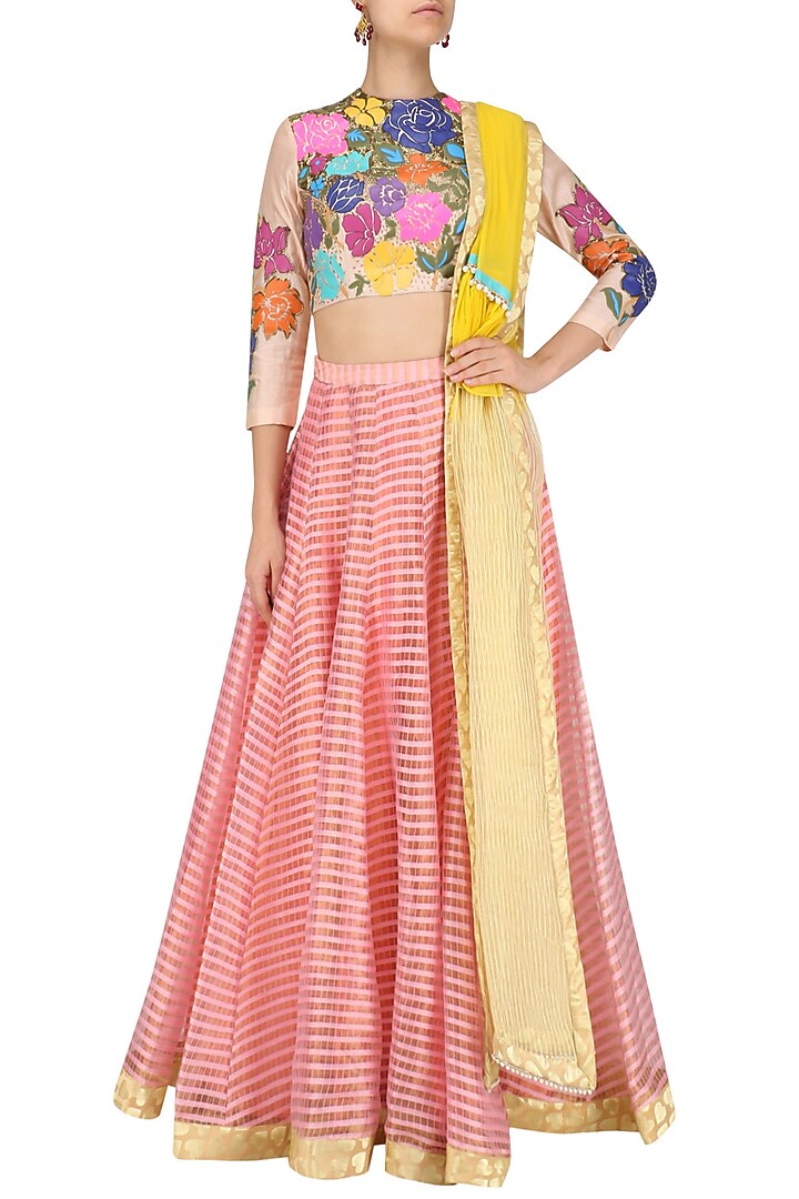 Pink and beige applique work lehenga set available only at Pernia's Pop Up Shop.