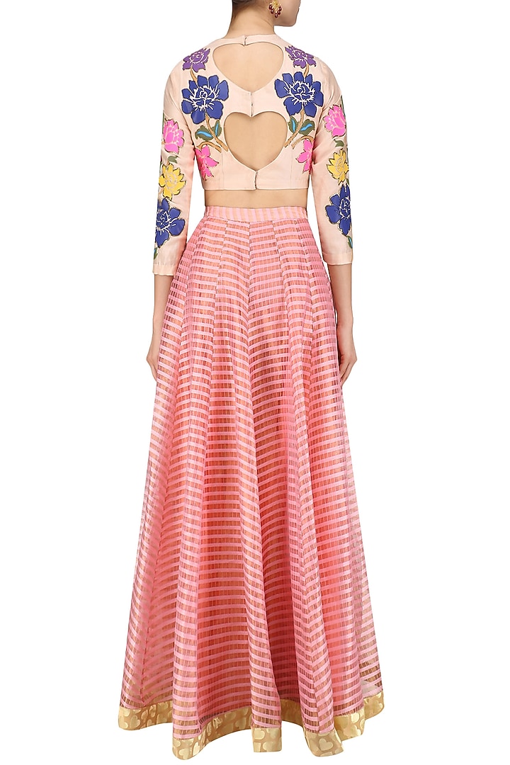 Pink and beige applique work lehenga set available only at Pernia's Pop Up Shop.