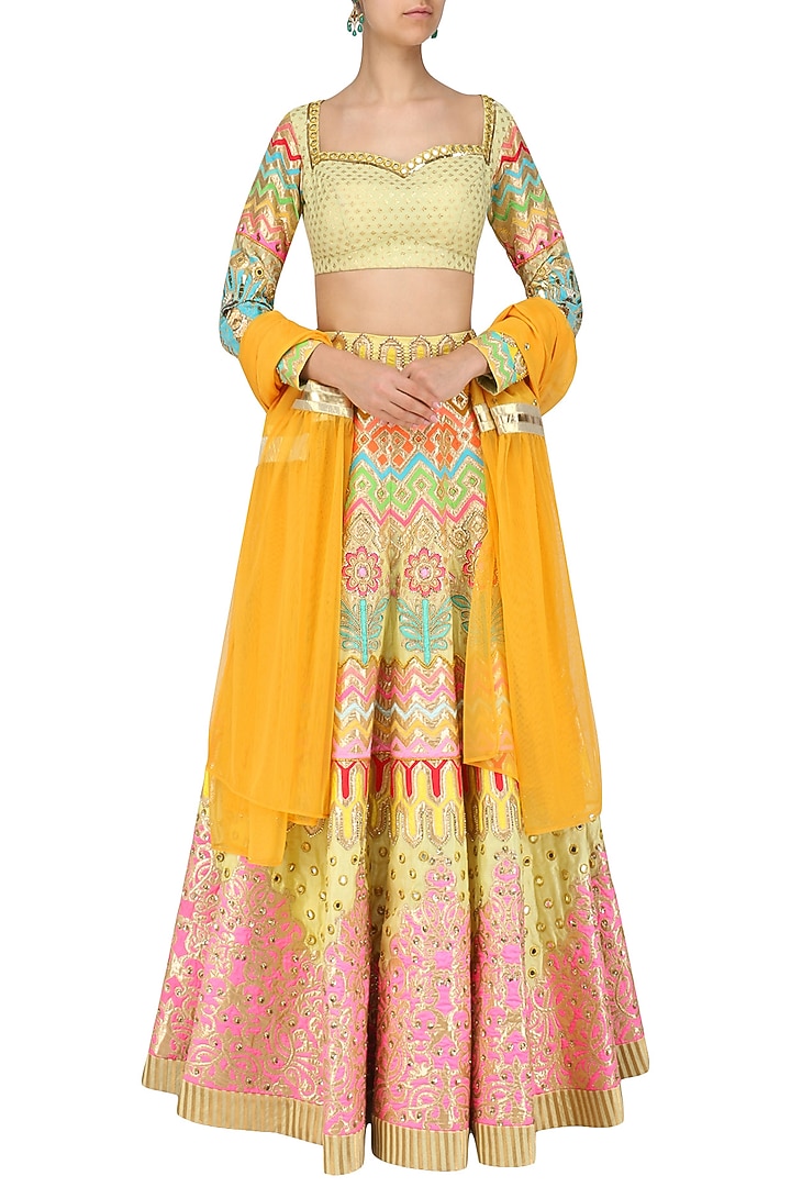 Lemon applique work lehenga set available only at Pernia's Pop Up Shop.