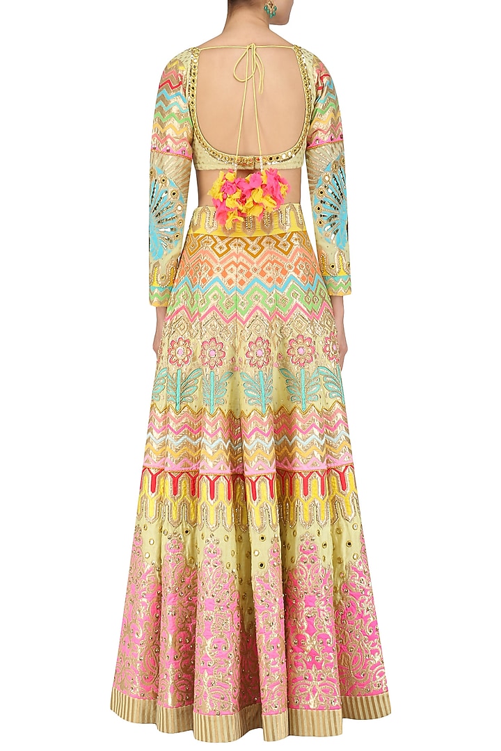 Lemon applique work lehenga set available only at Pernia's Pop Up Shop.