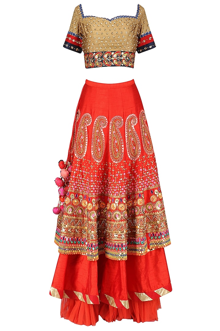Gold and Red Layered Embroidered Lehenga Set by Param Sahib