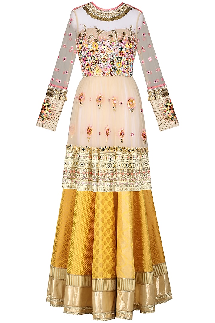 Beige Floral Peplum Top with Skirt by Param Sahib