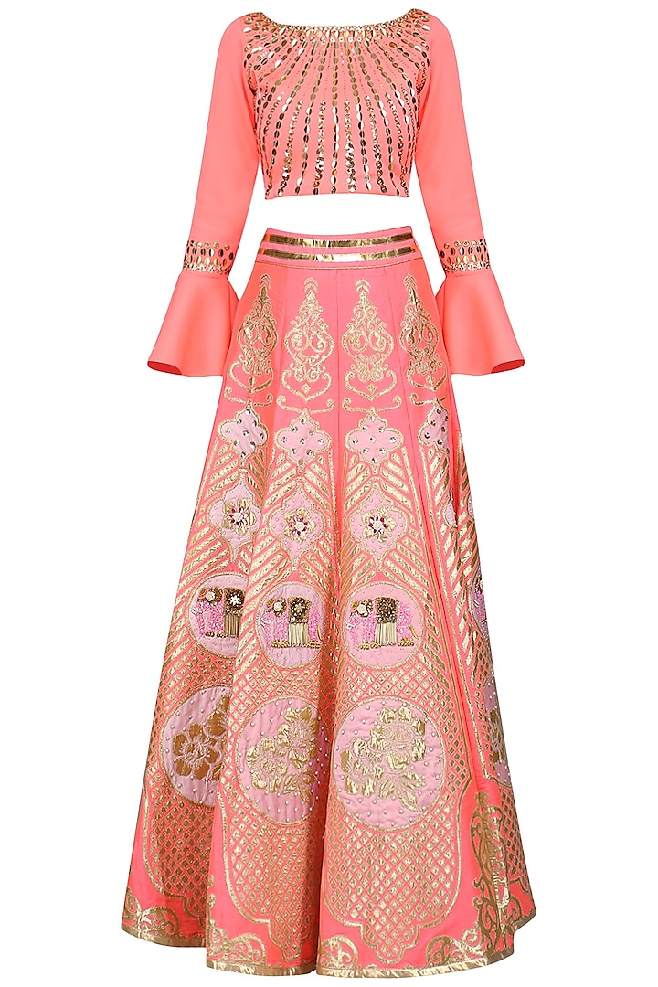 Pink Embroidered Crop Top with Skirt by Param Sahib