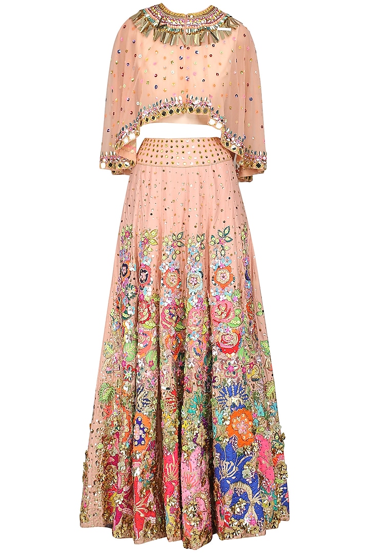 Peach Embellished Skirt with Cape and Blouse by Param Sahib