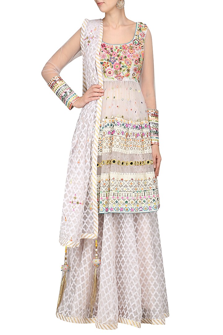 Space grey embroidered top with skirt and dupatta available only at Pernia's Pop Up Shop.