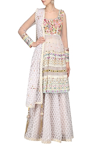 Space Grey Embroidered Top with Skirt and Dupatta by Param Sahib
