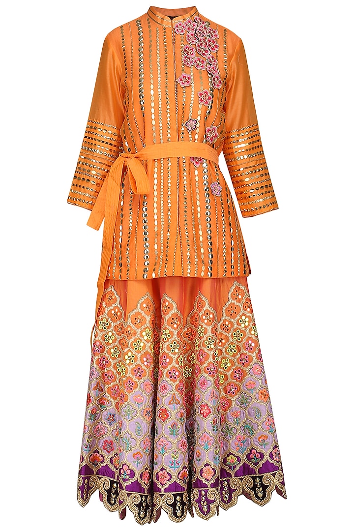 Orange Embroidered Skirt with Shirt and Belt by Param Sahib