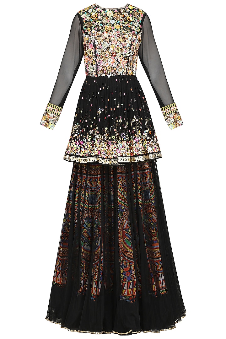 Black Embroidered Top with Layered Skirt by Param Sahib