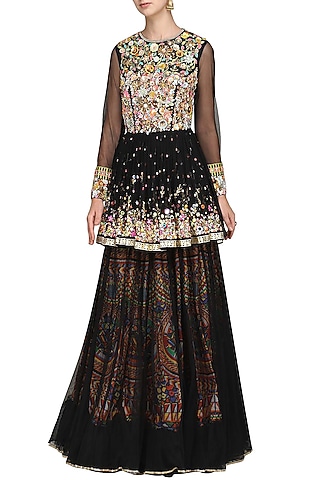 Black Embroidered Top with Layered Skirt by Param Sahib