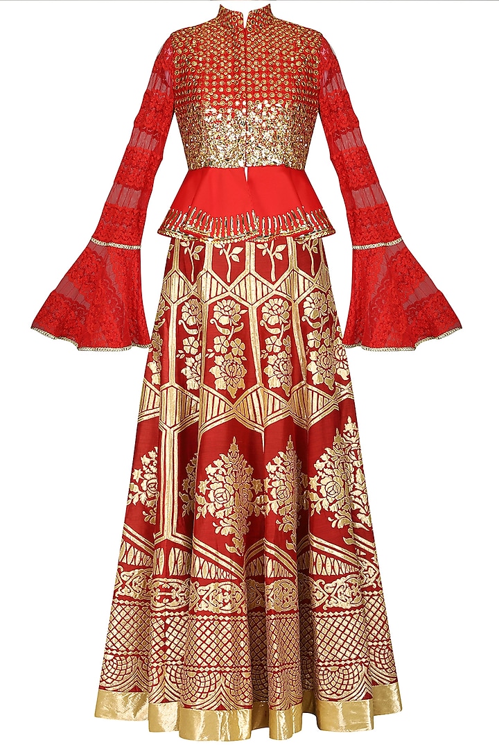 Red Embroidered Peplum Top with Skirt by Param Sahib