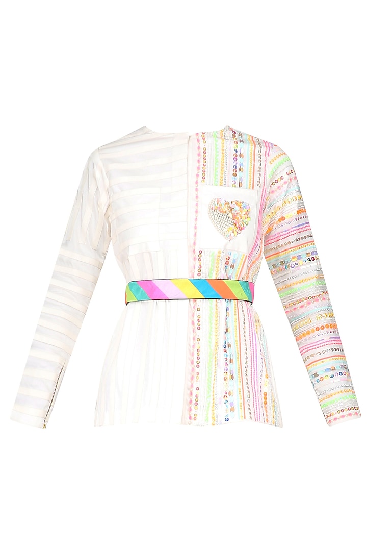 White Sequins Embroidered and Leather Appliqued Shirt by Param Sahib