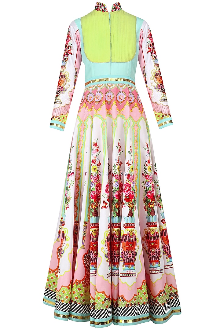 Blue Multicolored Handembroidered Anarkali with Pink Embellished Dupatta by Param Sahib